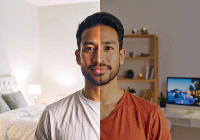 Bildmontage einer Person zwischen Schlafzimmer und Büro