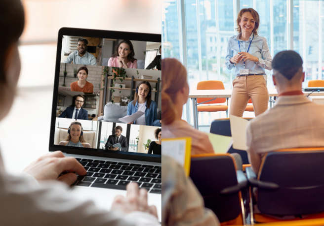Laptop mit Videokonferenz und Präsentation vor einer Gruppe im Büro