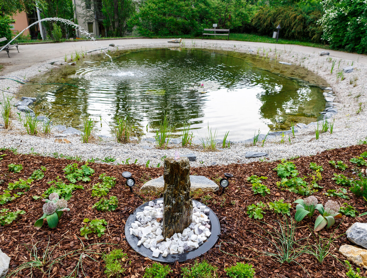 Garteninstallation mit Quellstein auch Pflanzen, Licht und Windspiele | © FOTObyHOFER/Christian Hofer