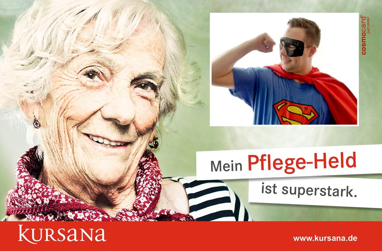 Seniorin und Pflegekraft als Helden von Kursana