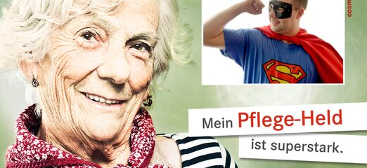 Seniorin und Pflegekraft als Helden von Kursana