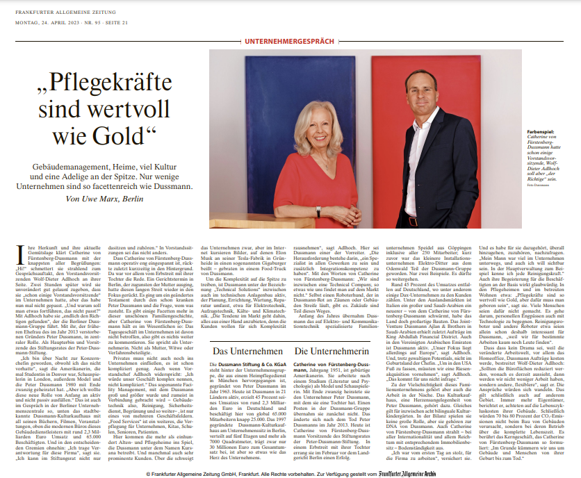 Interview Frankfurter Allgemeinen Zeitung mit Stiftungsrat und Vorstand der Dussmann Group